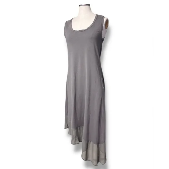 TOMMY BAHAMA Grey Knit & Chiffon Scoop Neck Sleeveless Dress Asymmetrical Hem