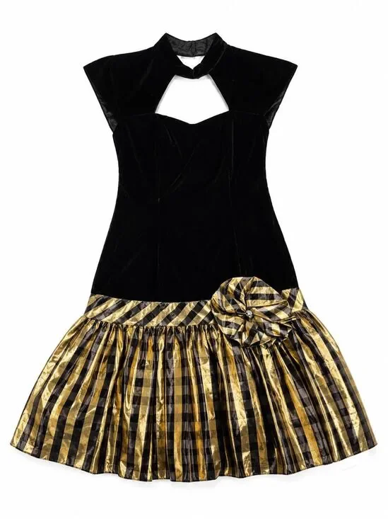 Roberta California Black Velvet Metallic Cutout Vintage Dress Size 11/12