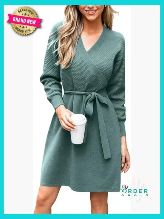 Ribbed Knit Sweater Dress V Neck Long Sleeve Belted Fitted A Line Midi