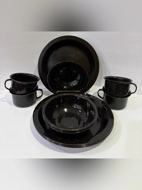 12 PC Black Speckled Enamel Camping Dinnerware