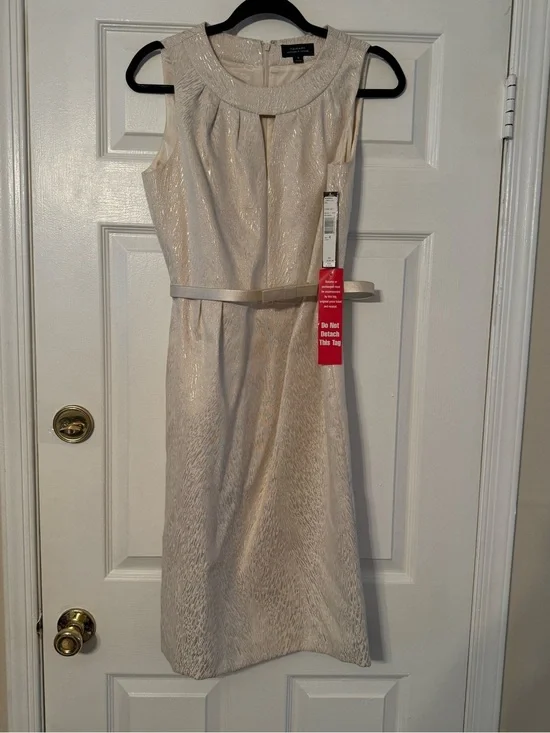 Tahari ASL Ivory Sleeveless Midi Sheath Dress with Belt
