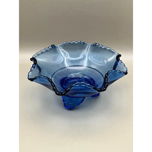 Vtg Cobalt Blue Glass Ruffled Footed Bowl Beaded Edge Candy Nut Dish 5.25