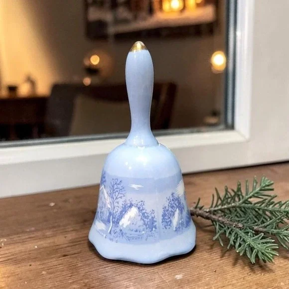 Currier & Ives The Old Homestead Dinner Bell, Vintage Winter Blue Ceramic Accent