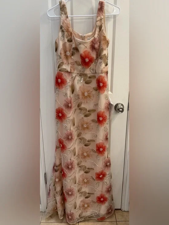 Dress the Population Blush Maxi Skirt with Coral Floral Appliqués