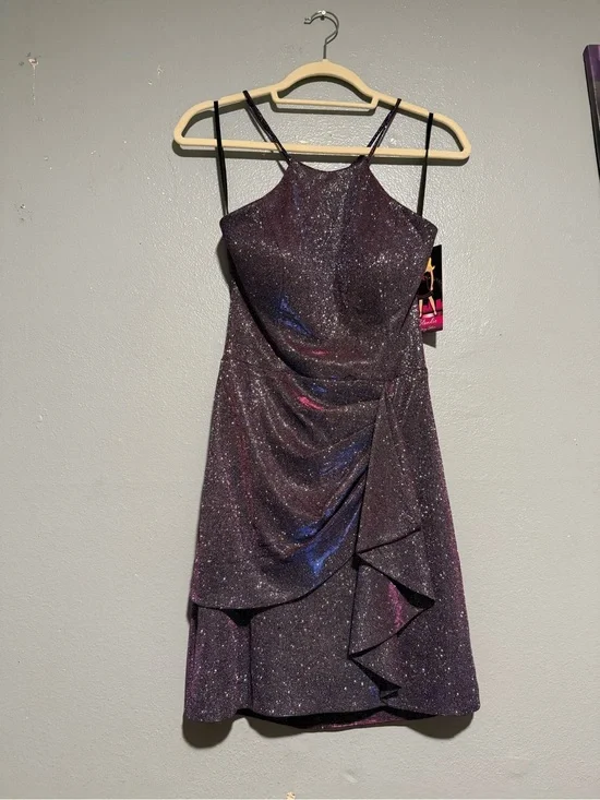 NWT Blondie Nites Glitter Ruffled Mini Dress - Purple size 5