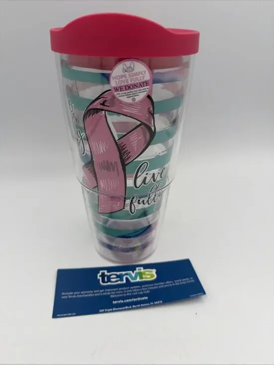 New Tervis 24oz Tumbler Simply Southern Breast Cancer Pink Ribbon Bottle USA