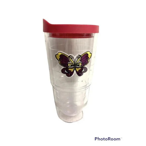 TERVIS Tumbler Embroidered Butterfly‎ Purple yellow  Slide Lid 24oz