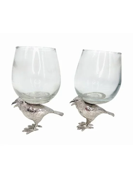NWOT SILVER METAL RAVEN CROW 2 STEMLESS WINE GLASSES EDGAR ALLAN POE HALLOWEEN