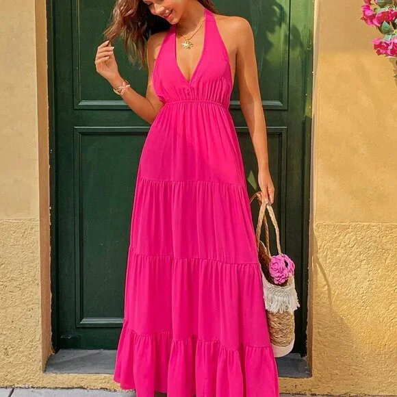 Hot Pink Boho Women's Tie Backless Ruffle Hem Halter Dress