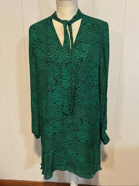 Parker Green Printed Long-Sleeve Tie-Neck Dress