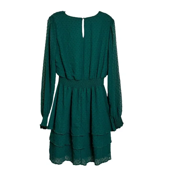 Honey & Rosie Green Swiss Dot Tiered Ruffle Long Sleeve V Neck Dress Size M‎