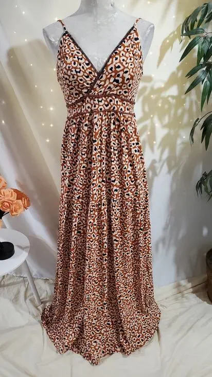 Maaji + Rapsodia Leopard Animal Print Beaded Tiered Maxi Dress Size L Beachy