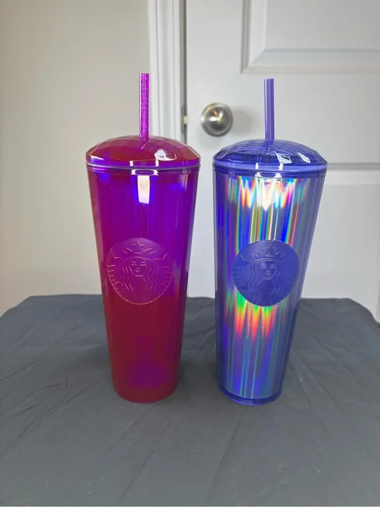 Starbucks Dome Lid Iridescent‎ Purple & Blue Cold Cup Tumbler Set Venti NWT Rare