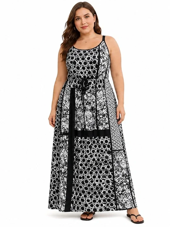 Micheal Kors Patchwork Printed Maxi Dress with Tie Waist