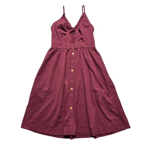 Cottagecore Boho Sundress Tie Front Button Detail Midi Womens Large Burgundy