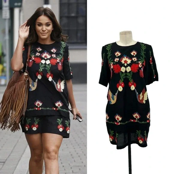 Zara‎ Embroidered Floral Crane Bird Short Black Dress Size XS