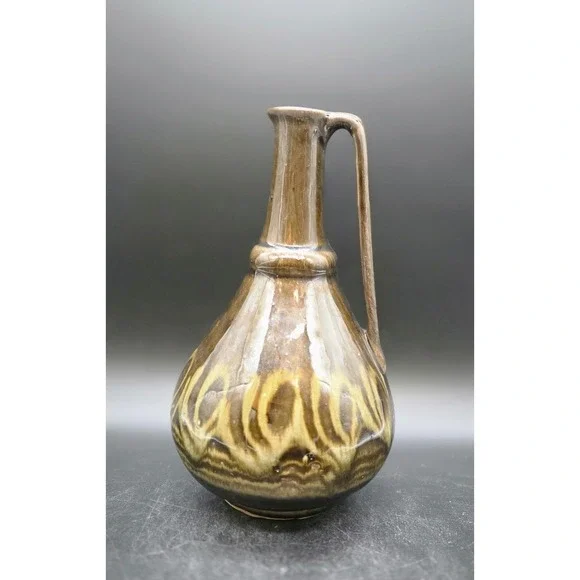Vintage Polish Pottery Brown Green Drip Pitcher Ewer 9