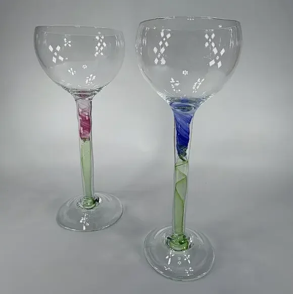 Set 2 Chris Baker Salmon Art Glass Wine Glass Pink Blue Swirl Signed 8.5