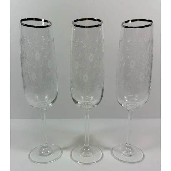 Etched Floral Champagne Glasses Platinum Silver Rim 8 1/4