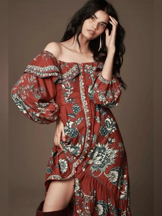 FARM Rio Off-Shoulder Floral Maxi Dress Rust Red Fall Autumn Fashion Sexy Boho