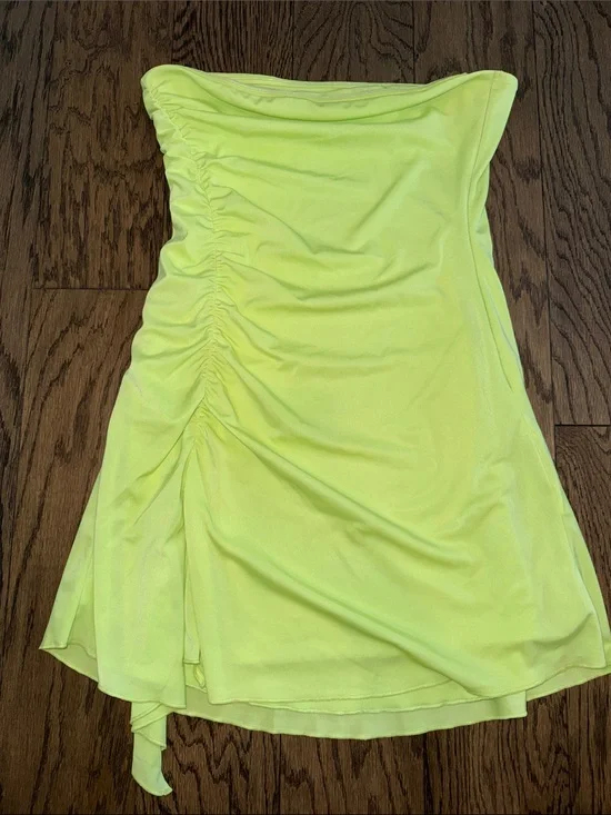 Strapless Ruched Neon Yellow Mini Dress