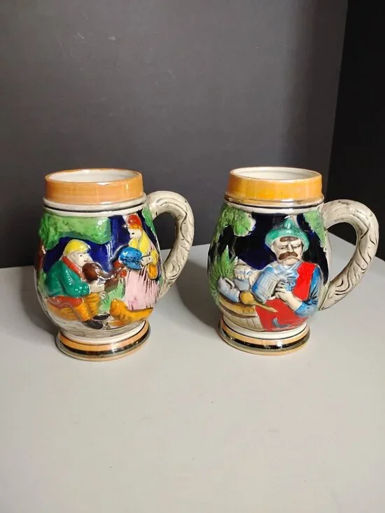 Vintage 3D German Beer Stein Tavern Mugs Set of 2