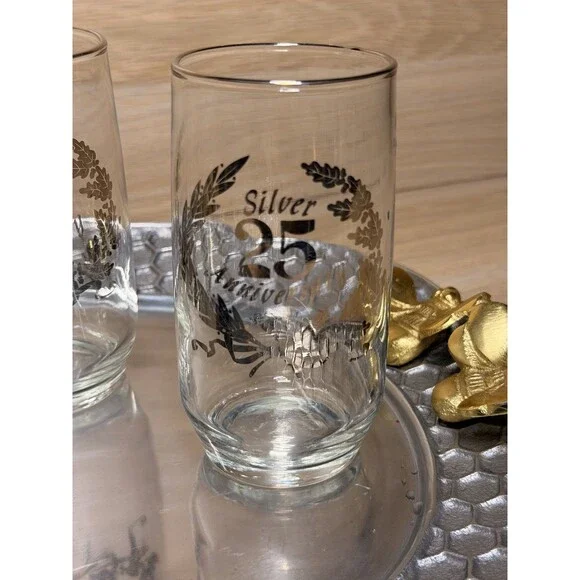 Vintage Glass Silver 25th Anniversary Set of 4 Drinking Glasses 5”