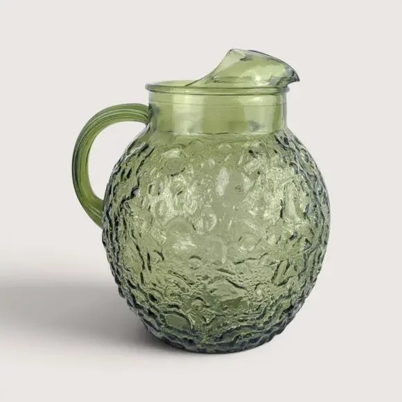 Vintage Anchor Hocking Lido Milano Green Crinkle Glass Pitcher