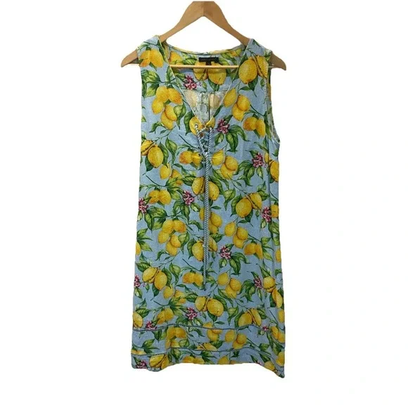 FOR CYNTHIA Lemon Print Lace Linen‎ Blend Sleeveless Dress Size L Resort Travel