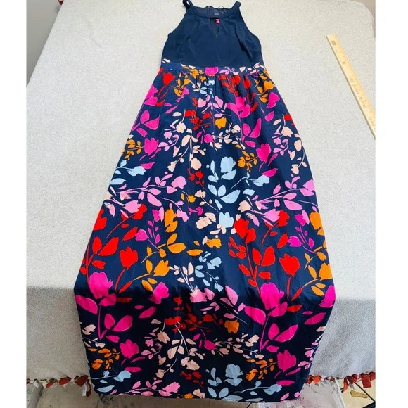 Vince Camuto Maxi Dress Womens 8 Navy Blue Floral‎ Halter Neck Keyhole Summer