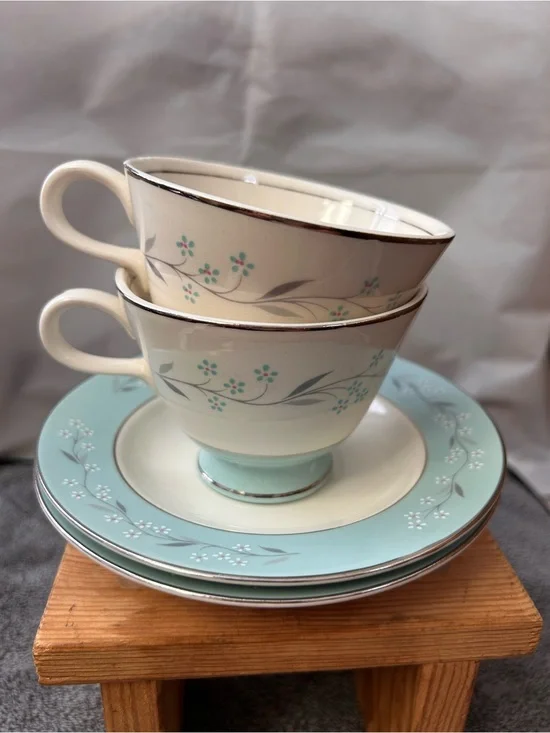 Ivory Teacup & Saucer Set of 2 with Aqua Floral Trim