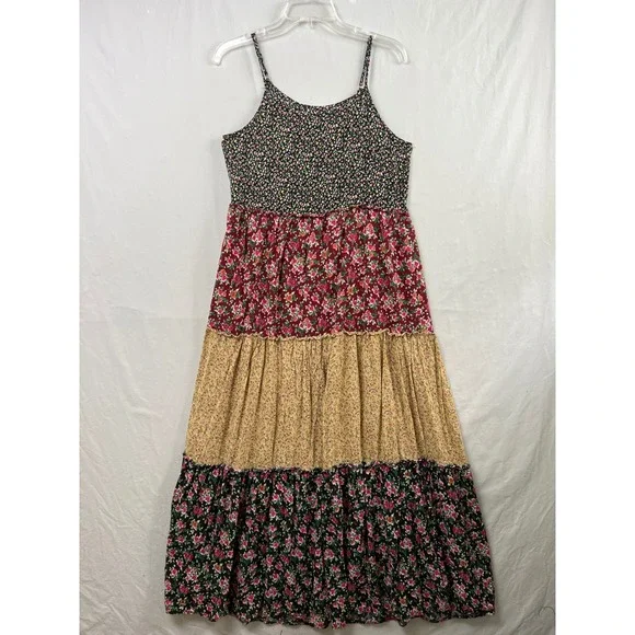 Natural Life Tiered Maxi Dress Womens Medium Multi Color Floral Boho Rayon