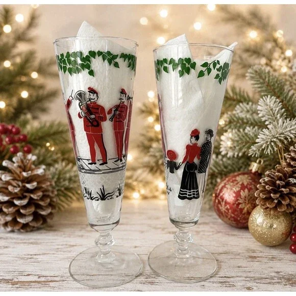 Vintage Pilsner Beer Glasses Pair Footed Barware Musicians Victorian Pub Tavern