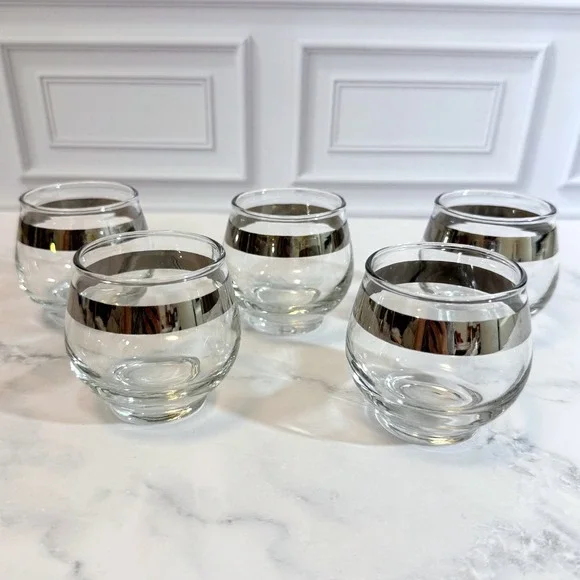 VTG Set of 5 Libbey Silver Overlay Stripe Roly Poly 4‎ oz Cocktail Glasses