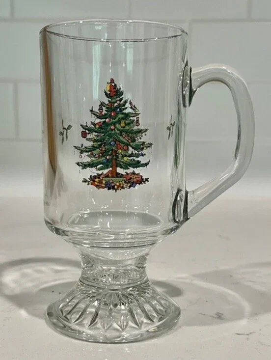 Vintage Spode Christmas Tree Footed Irish Coffee Glass Mugs - Set of 4