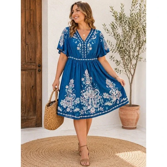 BloomChic Blue Floral Boho Dress NWoT 12 V‎ Neck Flutter Sleeve Empire Boho Chic