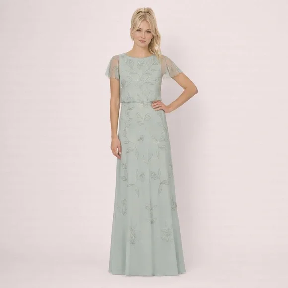Adrianna Papell Sage Green Beaded Floral Maxi Gown Size 12 NWT GALA MOB Formal