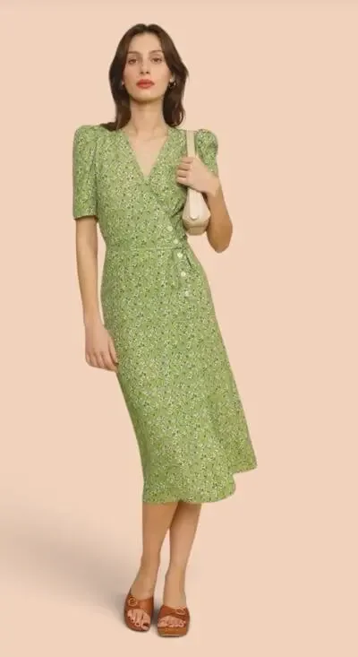 Rouje Paris Gabin Dress in Light Olive Green Floral Print Midi Wrap size EU 36