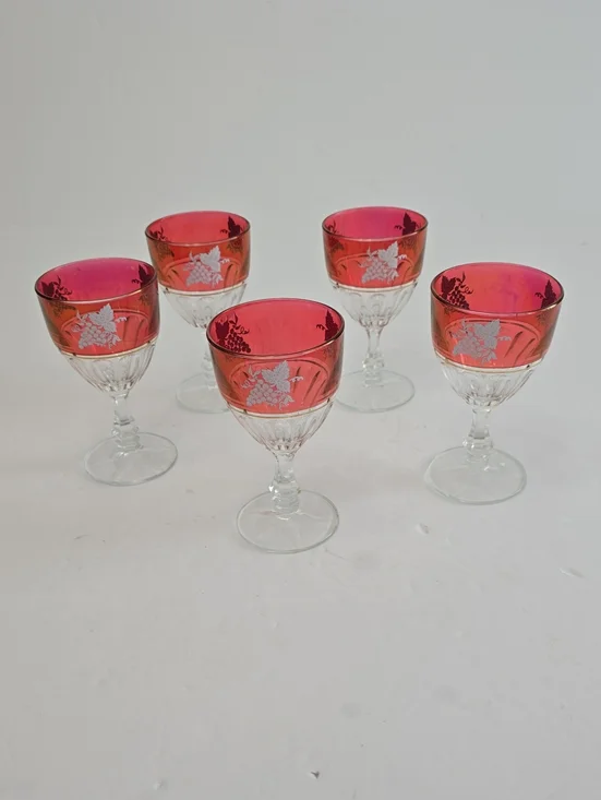 Vintage Lubiana Set Of 5 Italian Cranberry Wine Glasses Etched Grape Design