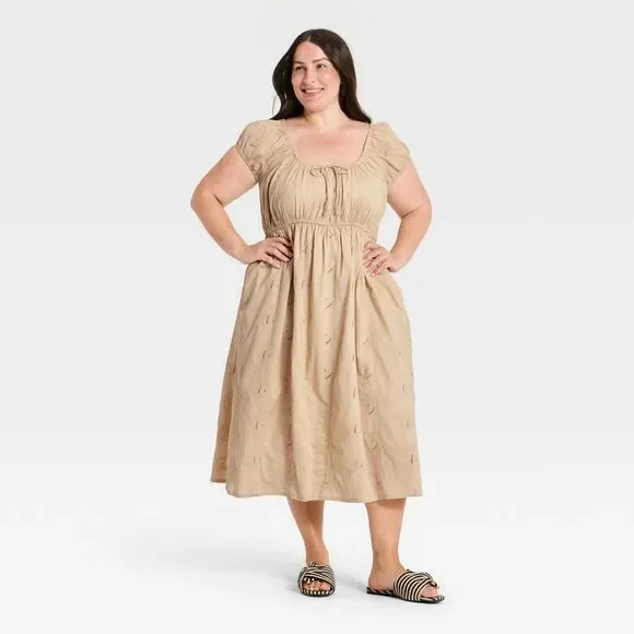 Women's Cap Sleeve Eyelet Midi Sundress - Universal Thread Tan XXL