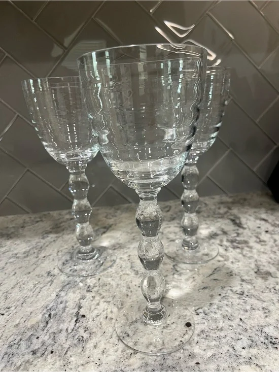 (3) Pottery Barn Asli Red Wine Glasses Set Clear Optic Bead Stemware Lot RARE