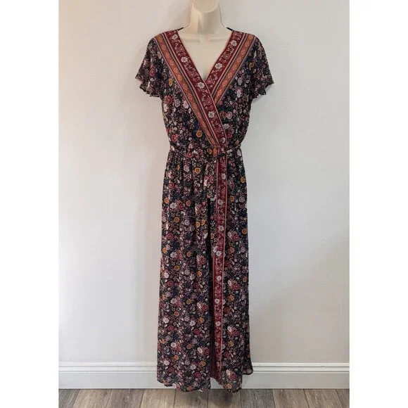 Xhilaration Shirt Dress L Maxi Faux Wrap Bohemian Floral Chiffon Short Sleeve
