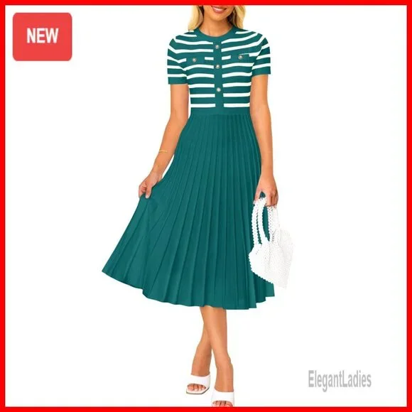 Casual Striped Midi Dress Crewneck Short Sleeve Button Ribbed Knit Swing Pleated