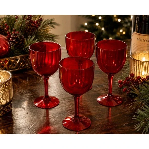 Retro Red Acrylic Wine Glasses Set of 4 Christmas Holiday Goblets Ruby Red Sz 7