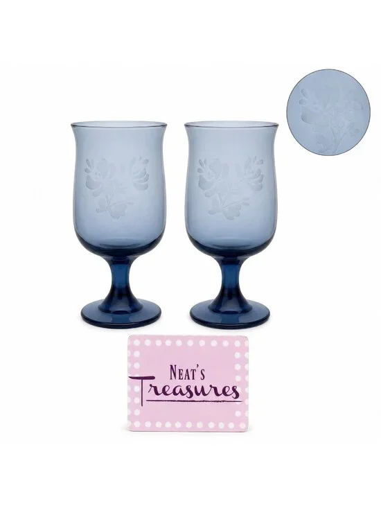 Pfaltzgraff YORKTOWNE  Blue Glass White Floral 12 oz Goblet Stemmed Glass Set 2