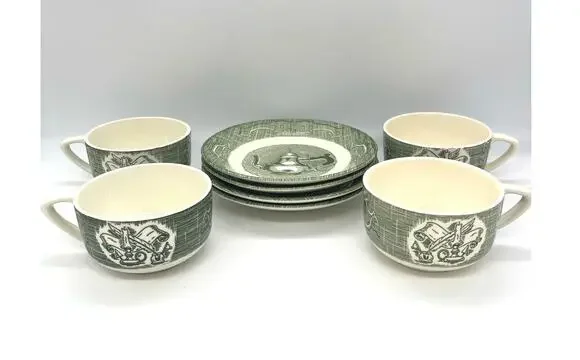 The Old Curiosity Shop by Royal China Set of 4 Tea Coffee Cups & Saucers Green