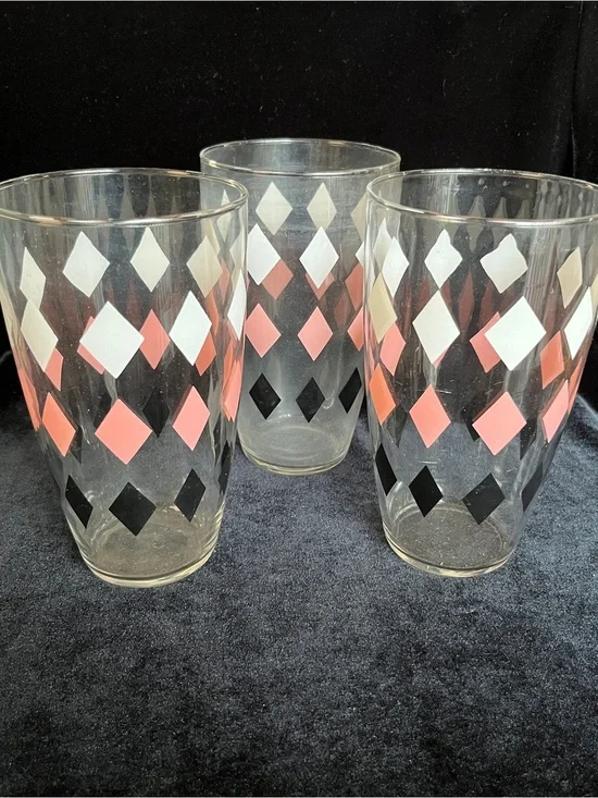 Libbey Glass Harlequin Pink Black White Diamond Pattern Atomic MCM 50s set of 3