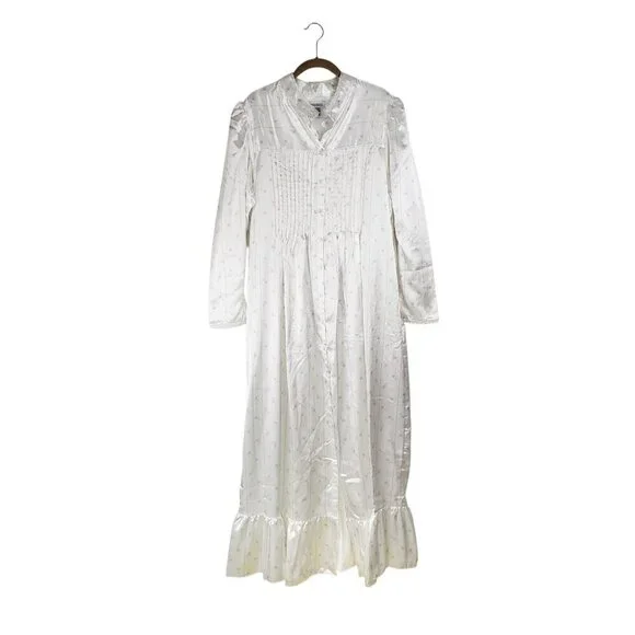 Laura Adams Long Sleeve Nightgown White Satin Modest Button Up Womens Large