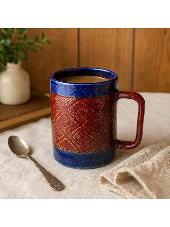 Studio Pottery Mug Red Blue Glaze Textured Geometric Design 4.75 Inch