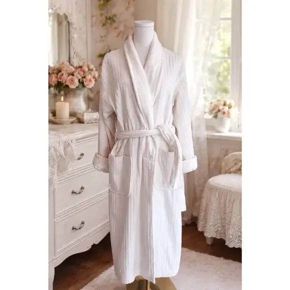 LAURA ASHLEY Robe Ivory Ribbed Belted Fluffy Long Sleeve OSFM 100% Cotton
